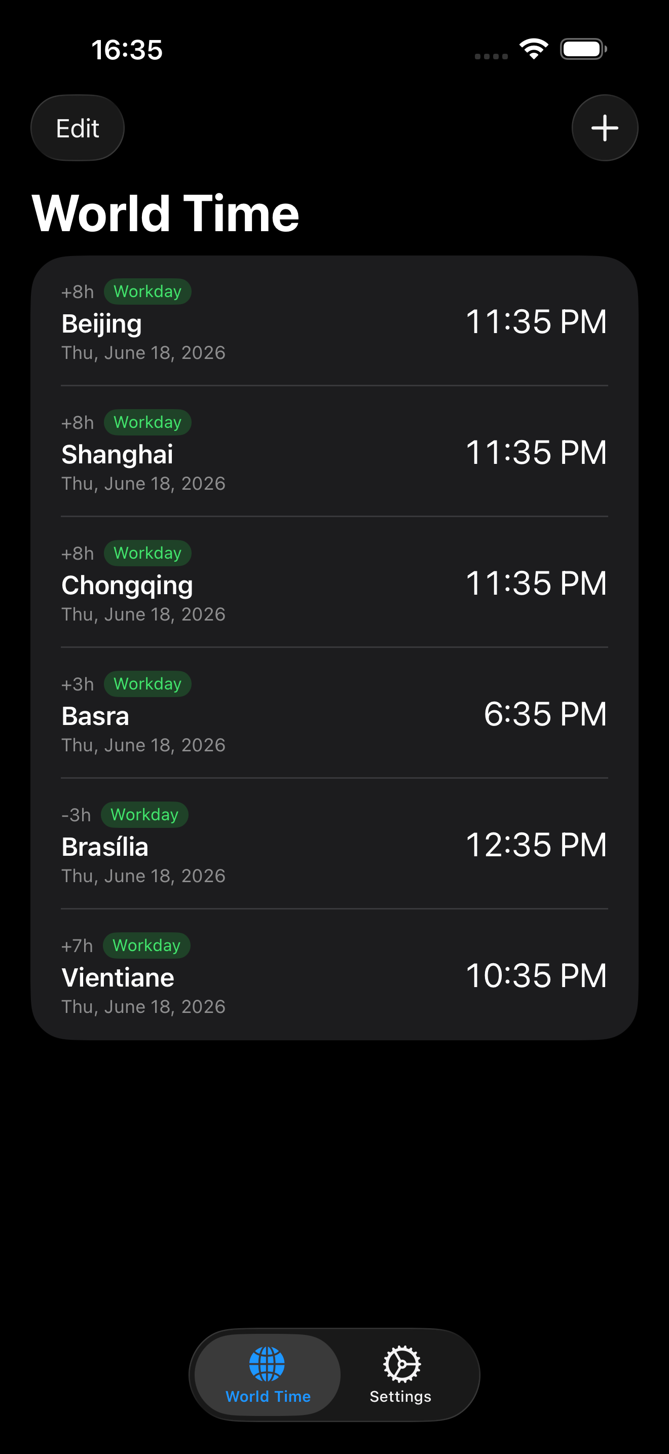 WorldTime iPhone main screen