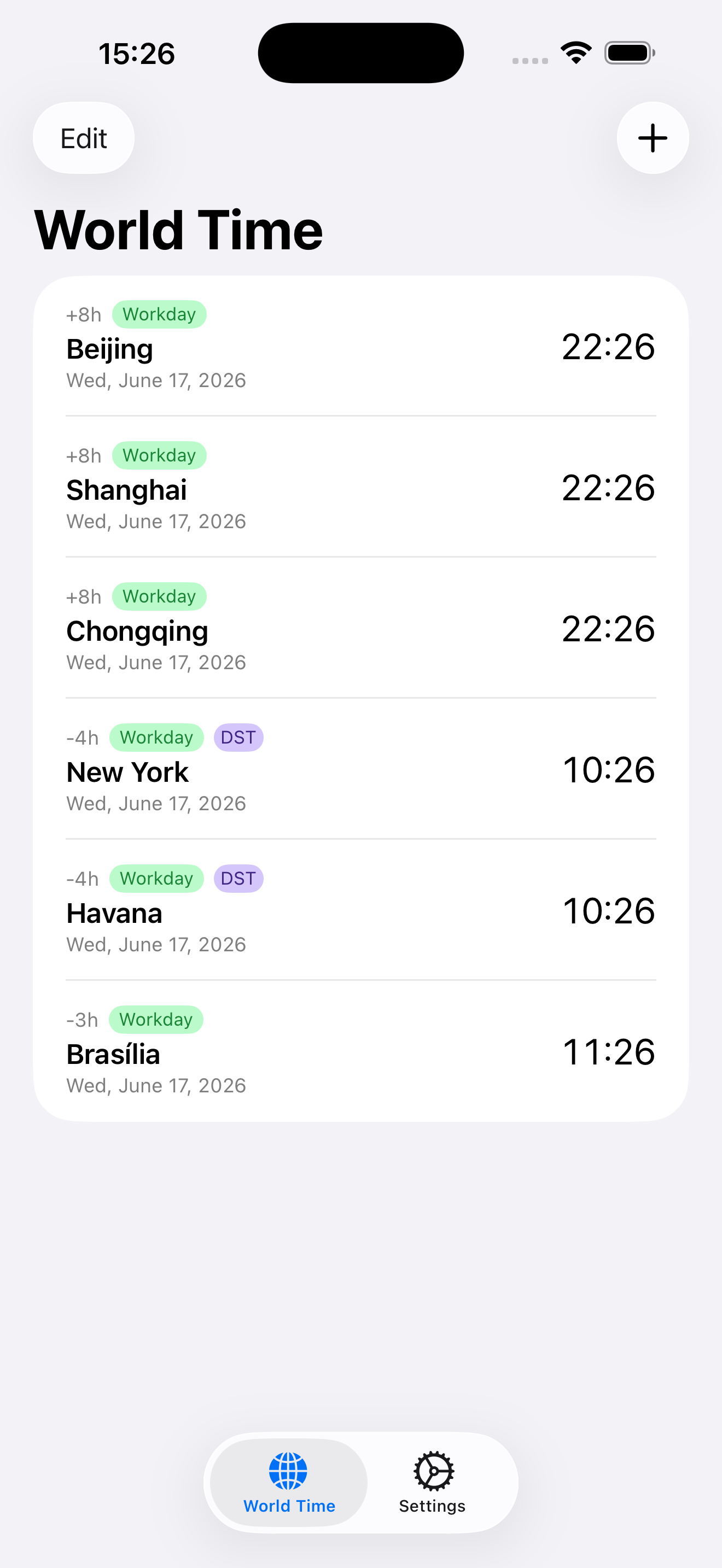 WorldTime iPhone main screen