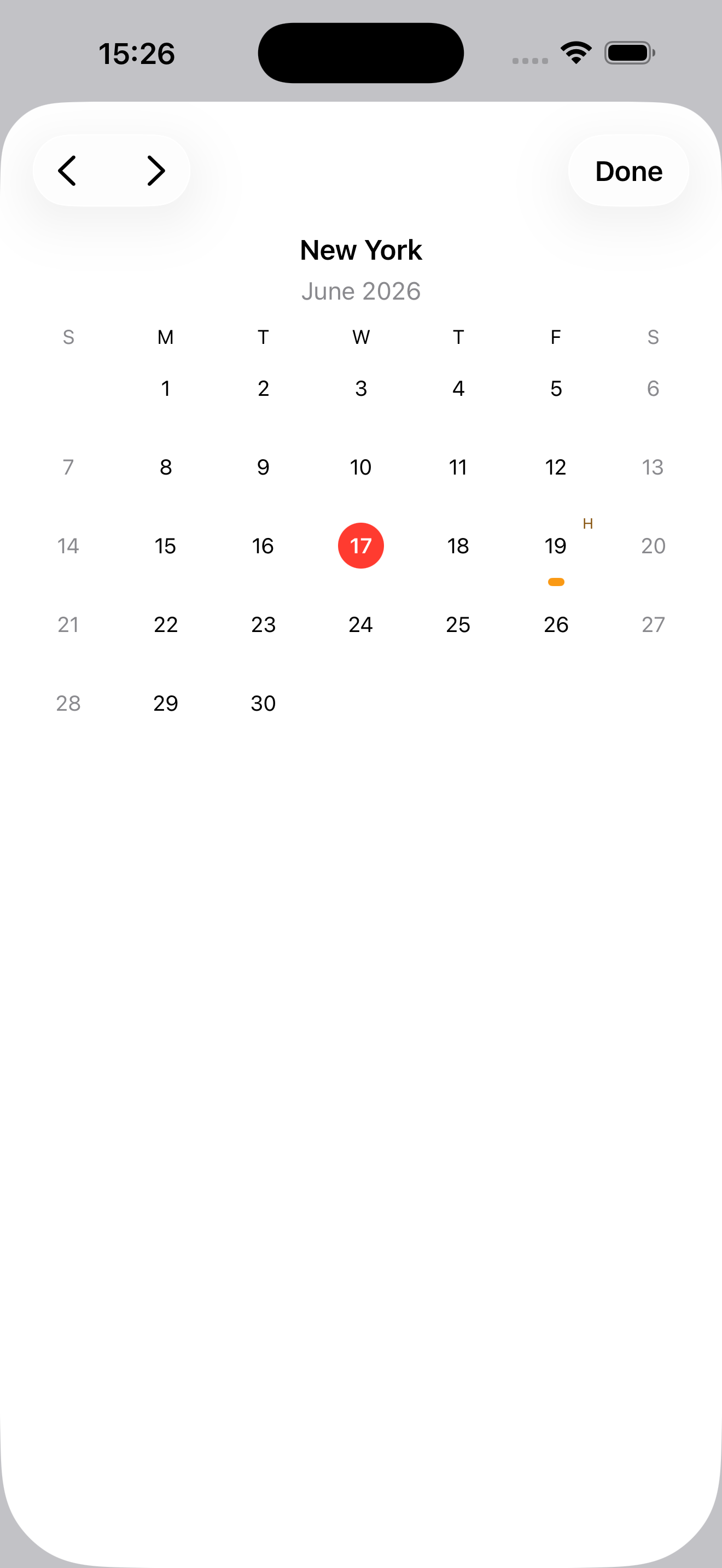 WorldTime iPhone calendar screen